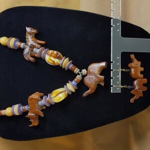 Carved Wood Fetish African Animals Beads Shells Necklace & Earrings